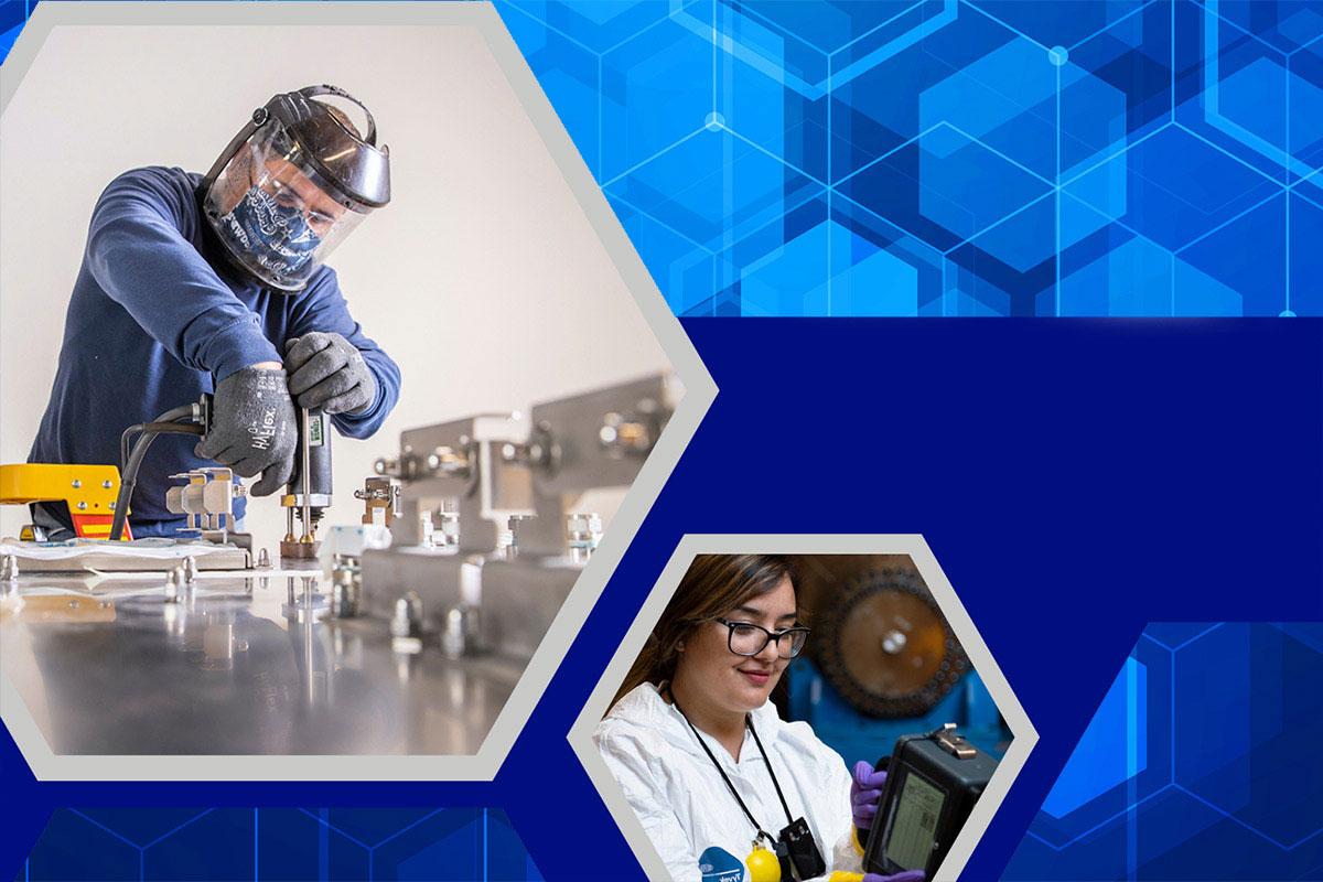 洛斯阿拉莫斯国家实验室的两位科学家使用蓝色背景的设备
